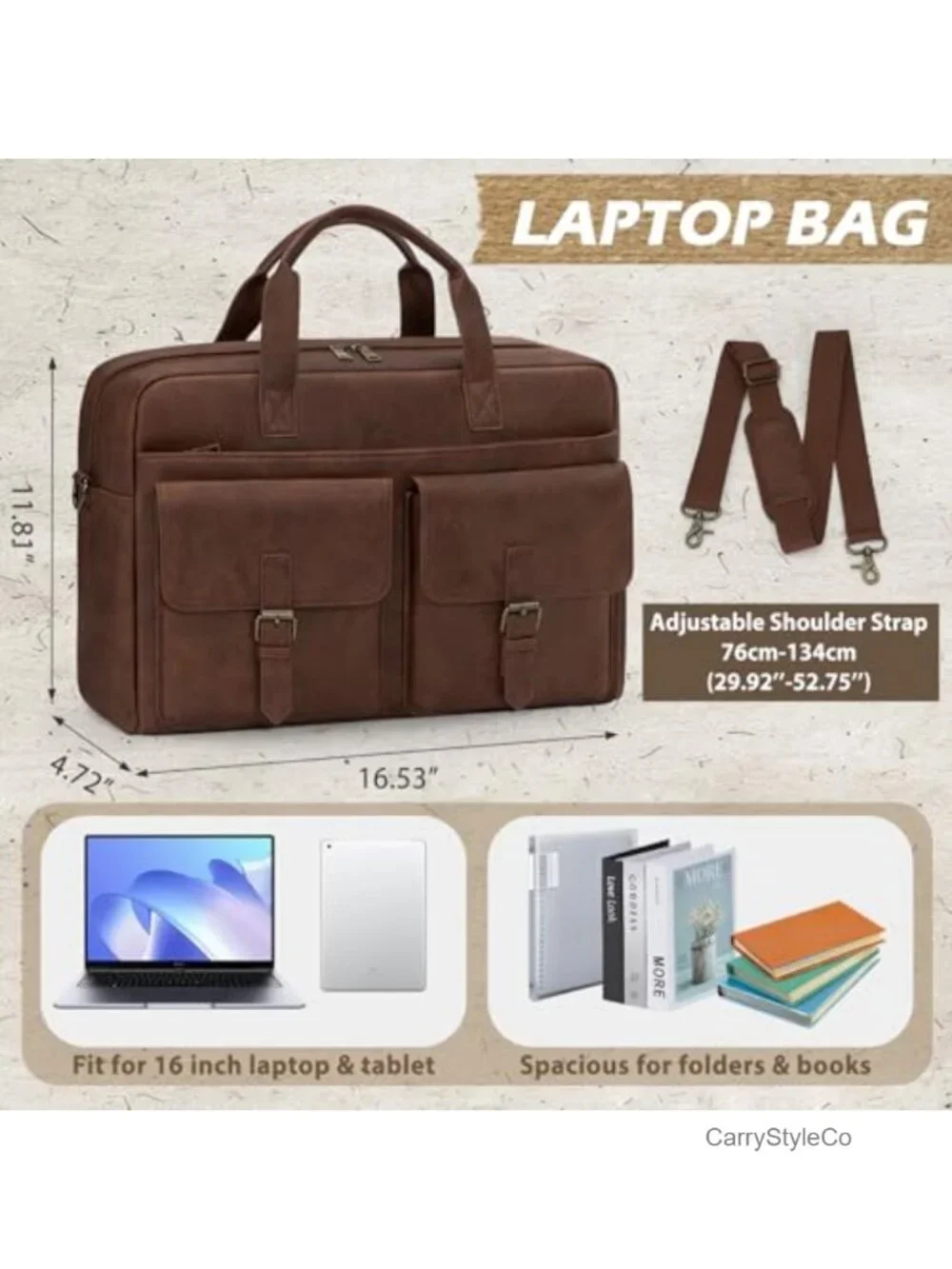 16 Inch Leather Laptop Messenger Bag for Men Vintage Work Briefcase